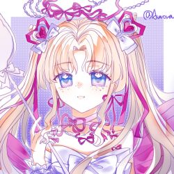  1girl arm_warmers armlet artist_name back_bow bare_shoulders bead_necklace beads blonde_hair blue_eyes border bow bowtie choker cone_hair_bun double_bun dreamtime_bestowed_(infinity_nikki) dress eyelashes frilled_arm_warmers frills gem gem_hair_ornament gradient_eyes grey_bow hair_bow hair_bun hair_ribbon halftone halftone_background halo happy heart-shaped_gem holding holding_spoon infinity_nikki jewelry jintiannihezhoulema99294 large_bow long_hair long_sidelocks multicolored_eyes neck_ribbon necklace nikki_(series) open_mouth outline outside_border oversized_object parted_bangs pink_bow pink_choker pink_gem pink_ribbon purple_background ribbon ribbon_earrings sidelocks sleeveless sleeveless_dress smile solo spaghetti_strap spoon sprinkles twintails two-tone_eyes upper_body very_long_hair violet_eyes white_arm_warmers white_border white_bow white_bowtie white_dress white_outline wrist_bow 