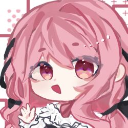  1girl aegyo_sal bare_shoulders belt black_belt black_bow black_ribbon bow bow_choker bowtie bra_strap brown_eyes chibi chinese_commentary choker commentary_request eyelashes eyes_visible_through_hair frilled_shirt frilled_sleeves frills grid_background hair_between_eyes hair_bow hair_ribbon happy infinity_nikki light_blush long_hair long_sidelocks long_sleeves low_twintails nikki_(nikki) nikki_(series) off-shoulder_shirt off_shoulder open_mouth perfect_start_(infinity_nikki) pink_bow pink_bowtie pink_choker pink_hair puffy_long_sleeves puffy_sleeves ribbon shirt sidelocks single_stripe smile solo striped_bow striped_bowtie striped_clothes tress_ribbon twintails upper_body very_long_hair waving wavy_hair white_background white_shirt xiangyouzhuan_owo 