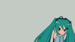  1girl 3d absurdres animasa_model_(mikumikudance) antenna_hair aqua_eyes aqua_hair aqua_necktie black_sleeves blush_stickers curious detached_sleeves green_background grey_shirt hair_between_eyes hair_ornament hatsune_miku headset highres kio_(majin_kz) long_hair looking_at_viewer mikumikudance_(medium) necktie shirt simple_background solo twintails upper_body variant_set vocaloid 