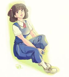  1girl blue_skirt brown_eyes brown_hair clothes_lift collared_shirt green_outline grey_shoes highres kujira_gunsou looking_at_another maison_ikkoku open_mouth outline sailor school_uniform shirt shoes short_sleeves short_twintails simple_background skirt skirt_lift socks twintails white_socks yagami_ibuki 