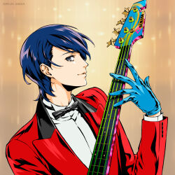  1boy alternate_costume black_bow black_bowtie blue_gloves blue_hair bow bowtie commentary_request copyright_notice formal_clothes from_side gloves grey_eyes guitar highres holding holding_guitar holding_instrument instrument jacket kitagawa_yusuke looking_at_viewer official_alternate_costume persona persona_5 red_jacket saitou_rokuro shirt short_hair smile solo star_(symbol) traditional_bowtie upper_body white_shirt yellow_background 