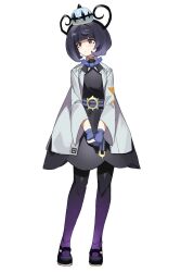  1girl absurdres belt black_dress black_hair black_pantyhose black_shoes blue_gloves blunt_bangs blush bob_cut cancanbaobao55 closed_mouth coat dress full_body gloves gradient_hair gradient_pantyhose gwynn_(pokemon) hat highres long_sleeves mega_stone multicolored_hair o-ring o-ring_belt open_clothes open_coat pantyhose partially_fingerless_gloves pokemon pokemon_legends:_z-a purple_hair purple_pantyhose shoes short_hair simple_background solo violet_eyes white_coat 