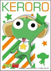  1boy alien arm_up black_eyes colored_skin copyright_name frog full_body green_skin hat highres jumping keroro keroro_gunsou looking_at_viewer no_humans official_art open_mouth red_star simple_background solo star_(symbol) yellow_star 