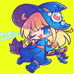  1girl ahoge belt blonde_hair blue_boots blue_eyes blue_robe boots broom broom_riding brown_belt commentary_request copyright_name creature_hair_ornament english_text flying green_background hand_on_own_face hat hat_ornament holding holding_broom long_hair long_sidelocks long_sleeves lowres madou_monogatari one_eye_closed open_mouth puyopuyo rakuni robe sidelocks sidesaddle sitting smile solo star_(symbol) witch witch_(puyopuyo) witch_hat 