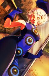  1girl absurdres blue_dress blue_gloves blue_hat drawrenja dress elizabeth_(persona) gloves hat highres persona persona_3 sleeveless sleeveless_dress solo white_hair yellow_eyes 
