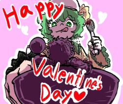  2girls blush bow commentary_request english_text eyeball frills green_eyes green_hair happy_valentine heart heart_of_string komeiji_koishi komeiji_satori korean_commentary licking_lips long_sleeves lovelobten multiple_girls pink_background pink_hair ribbon shirt short_hair siblings sisters smile third_eye tongue tongue_out touhou wide_sleeves yellow_shirt 