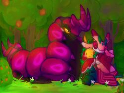  >_o 2boys :3 antennae apple_tree arthropod_boy arthropod_limbs blush_stickers bug centipede colored_sclera colored_skin full_body furry furry_male grandmaedger green_skin highres hug kneeling leavanny looking_at_another lurantis male_focus mantis_boy monster_boy multicolored_skin multiple_boys no_mouth one_eye_closed outdoors pink_eyes pink_skin plant_boy pokemon pokemon_(creature) praying_mantis red_eyes scolipede simple_background single_blush_sticker tree white_skin yellow_eyes yellow_sclera yellow_skin 