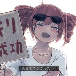  1girl :d blush collarbone commentary_request crying drill_hair eyewear_on_head highres holding holding_sign kasane_teto liar_dancer_(synthesizer_v) mejiro-su open_mouth red_hair shirt sign smile solo sunglasses synthesizer_v teeth translation_request twin_drills upper_teeth_only utau white_background white_shirt 