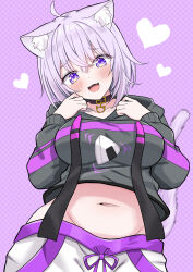  1girl :3 absurdres ahoge animal_ear_fluff animal_ears belt_collar black_collar black_hoodie blush breasts cat_ears cat_girl collar commentary_request cropped_hoodie fang food_print groin head_tilt heart highres hololive hood hood_down hoodie hosinonana large_breasts long_sleeves navel nekomata_okayu nekomata_okayu_(1st_costume) onigiri_print open_mouth pants polka_dot polka_dot_background purple_background purple_hair short_hair smile solo upper_body violet_eyes virtual_youtuber white_pants 