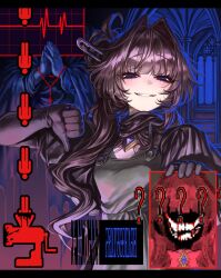  1girl ? ?? alice_tarrandalf alicetarrandalf blue_eyes blue_gem brooch capelet clenched_teeth cross cross_necklace dress gem gloves half-closed_eyes hands_up highres jewelry long_hair looking_at_viewer meat_grinder necklace original parted_lips purple_capelet purple_dress purple_gloves rosary smile solo teeth thumbs_down very_long_hair 