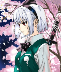  1girl black_hairband cherry_blossoms closed_mouth collared_shirt commentary_request falling_petals green_vest grey_hair hairband hitodama_print katana konpaku_youmu kusaka44 petals pink_petals red_eyes sheath sheathed shirt short_hair solo sword touhou upper_body vest weapon white_shirt 