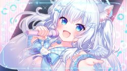  1girl :d animal_ears asakura_mashiro blue_bow blue_eyes bow brooch cat_ears commission detached_sleeves detached_wings hair_ornament hands_up happy highres holding holding_microphone indie_virtual_youtuber jewelry light_blush long_hair long_sleeves looking_at_viewer microphone mini_wings music open_hand open_mouth outline plaid_clothes plaid_sailor_collar reaching reaching_towards_viewer sailor_collar second-party_source singing skeb_commission smile solo sparkle two_side_up upper_body white_hair white_outline white_sleeves wing_hair_ornament wings yuiki_yuu 
