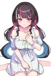  1girl :3 alternate_costume alternate_hairstyle azki_(hololive) black_hair blue_hair blunt_bangs blush bracelet breasts collar colored_inner_hair dress facing_viewer full_body gradient_hair green_ribbon hair_intakes hair_ornament hairclip hand_on_lap heart heart_collar highres hololive jewelry long_hair looking_to_the_side low_twintails medium_breasts multicolored_hair multiple_hair_clips pink_collar pink_hair rashin ribbon sidelocks simple_background sitting solo straight-on twintails very_long_hair violet_eyes virtual_youtuber wariza white_background white_dress 