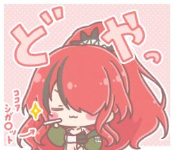  1girl :3 arrow_(symbol) bare_shoulders black_hair blush_stickers chibi closed_eyes closed_mouth collarbone commentary_request green_jacket hair_over_one_eye holding jacket lain_paterson lain_paterson_(1st_costume) long_hair long_sleeves mitarashi_neko multicolored_hair navel nijisanji off_shoulder open_clothes open_jacket outline pink_background polka_dot polka_dot_background ponytail puffy_long_sleeves puffy_sleeves red_hair solo sparkle streaked_hair translation_request upper_body very_long_hair virtual_youtuber white_outline 