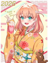  1girl 2026 :d aqua_eyes blush brown_horse chinese_zodiac commentary_request flower hair_flower hair_ornament happy_new_year highres hinoshita_kaho horse japanese_clothes kimono link!_like!_love_live! long_sleeves looking_at_viewer love_live! mano_409 obi obiage obijime open_mouth orange_hair orange_kimono pink_flower sash seigaiha sleeves_past_wrists smile solo two_side_up upper_body virtual_youtuber year_of_the_horse 