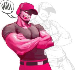  1boy baseball_bat black_beard black_shirt colored_skin crossed_arms deimos_(madness_combat) headphones leixo_demo looking_at_viewer madness_combat muscular muscular_male pink_skin sharp_teeth shirt teeth tongue tongue_out veins veiny_arms 