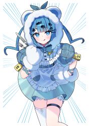  1girl :q absurdres animal_ears animal_hands animal_hood apron aqua_dress bear_ears bear_hood bloomers blue_eyes blue_hair blunt_bangs border butter_knife closed_mouth collar commission cowboy_shot dress emphasis_lines fork frilled_apron frilled_collar frills fur-trimmed_gloves fur-trimmed_hood fur_trim gloves hand_on_own_hip highres holding holding_fork holding_knife hood hood_up indie_virtual_youtuber knife leaning_forward light_smile outside_border paw_gloves pocket puffy_short_sleeves puffy_sleeves second-party_source short_sleeves single_thighhigh skeb_commission solo standing thigh-highs thigh_strap tongue tongue_out twintails waist_apron white_background white_bloomers white_border white_gloves white_thighhighs yushiro_pirika zenshin zettai_ryouiki 
