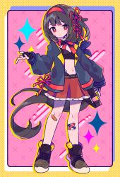  1girl :/ absurdly_long_hair arm_at_side bag bandaid bandaid_on_leg belt black_bag black_gloves black_hair black_shirt black_shoes blunt_bangs borrowed_character bow bowtie brown_belt closed_mouth coat commentary_request commission crop_top drop_shadow fingerless_gloves full_body gloves grey_coat hair_ornament hairband hand_up high_tops highres honoca6190 long_hair long_sleeves open_clothes open_coat original red_bow red_eyes red_hairband red_skirt shirt shoes skeb_commission skirt sneakers standing very_long_hair 