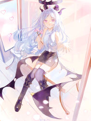  1girl black_halo black_horns blue_archive boots commentary_request demon_girl demon_horns demon_wings flower full_body halo highres hina_(blue_archive) holding holding_flower horns knee_boots long_hair low_wings multiple_horns open_hand purple_halo ria_(ria_tt2) shirt sleeveless sleeveless_shirt solo violet_eyes white_hair white_shirt wings 