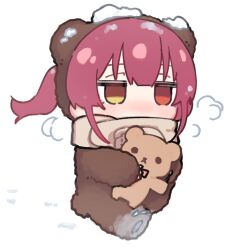  1girl animal_costume animal_ears bear_costume bear_ears bear_tail blush breath brown_fur brown_scarf chibi chibi_only claws covered_mouth double-parted_bangs eyebrows_hidden_by_hair footprints full_body hair_between_eyes heterochromia highres holding holding_stuffed_toy hololive houshou_kumarine houshou_marine jitome looking_ahead medium_hair no_pupils nose_blush red_eyes red_hair running scarf scarf_over_mouth short_twintails simple_background snow snow_on_head solo stuffed_animal stuffed_toy tail teddy_bear twintails virtual_youtuber white_background winter yellow_eyes yuzuyukiha 
