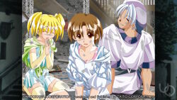  1boy 2000s_(style) 2girls ^_^ aleph_coulson anime_coloring arm_support atelier-moo between_legs blonde_hair breasts bridal_gauntlets brown_eyes brown_hair burnt capelet closed_eyes closed_mouth collarbone elbow_gloves failure game_cg gloves green_capelet hair_between_eyes hand_between_legs hat hood hoodie indoors long_sleeves maria_short medium_breasts medium_hair multiple_girls non-web_source official_art open_mouth own_hands_together parted_hair patty_sole pink_tank_top purple_hat purple_shirt raised_inner_eyebrows seiza shirt short_hair short_twintails sitting skirt smile solo striped_hat tank_top thigh-highs twintails upper_body white_hair yellow_gloves yellow_thighhighs yuukyuu_gensoukyoku 