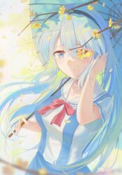  1girl absurdres adjusting_hair bilingual_commentary black_hairband blue_skirt blue_umbrella blurry blurry_background blush bow bowtie breasts chinese_commentary clannad closed_mouth commentary_request cowboy_shot crying crying_with_eyes_open dated day depth_of_field english_commentary eyelashes eyes_visible_through_hair falling_petals film_grain floating_hair flower flower_over_eye flowingcrescent grey_eyes grey_hair hair_between_eyes hairband hands_up highres hikarizaka_private_high_school_uniform holding holding_umbrella large_breasts long_hair looking_at_viewer mixed-language_commentary oil-paper_umbrella outdoors petals red_bow red_bowtie sailor_collar sailor_shirt sakagami_tomoyo school_uniform serafuku shirt short_sleeves signature skirt smile solo split_mouth streaming_tears summer_uniform suspender_skirt suspenders tears tomoyo_after umbrella very_long_hair white_shirt yellow_flower 