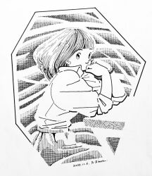  1girl artist_name commentary_request crosshatching dated elbow_rest feet_out_of_frame hands_up hatching_(texture) linear_hatching looking_at_viewer medium_hair original pants parted_lips puffy_sleeves shirt shirt_tucked_in sideways_glance sitting smile solo table traditional_media woven_hatching wristband zpihr6jprso2r2l 