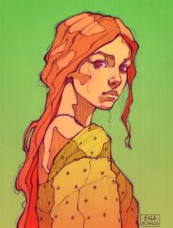  1girl artist_name ena_bianca english_commentary facing_to_the_side gradient_background jewelry lips long_hair looking_at_viewer looking_to_the_side messy_hair necklace nose open_clothes orange_hair original shirt signature single_sidelock sketch solo 