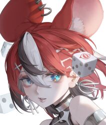  1girl absurdres animal_ear_fluff animal_ears armband bare_shoulders black_hair black_streaks blue_eyes dice double-parted_bangs earrings eyeshadow fade_(haircut) hair_between_eyes hair_ornament hairclip hakos_baelz hakos_baelz_(recolor) highres hololive hololive_english jewelry looking_at_viewer makeup medium_hair mouse_ears multicolored_hair open_mouth raresauce red_eyeshadow red_hair red_lips sharp_teeth sleeveless streaked_hair teeth virtual_youtuber white_background white_hair 