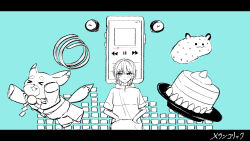 1girl absurdres annin_cha blue_background blush bracelet cake cellphone cho_kaguya-hime! closed_mouth commentary_request food frown fushi_(cho_kaguya-hime!) greyscale_with_colored_background hair_bun hands_in_pocket highres hood hood_down hoodie inudoge jewelry phone sakayori_iroha short_hair sidelocks simple_background single_side_bun smartphone solo unworn_bracelet wireless_earphones 