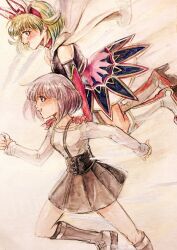  2girls animal_ear_hairband animal_ears black_skirt black_socks boots capelet clenched_hand commentary_request dress dual_persona elbow_gloves eyelashes fake_animal_ears from_side gloves green_hair hairband hands_on_another's_shoulders high_heel_boots high_heels highres kneehighs lara_tchaikoskaya long_sleeves multiple_girls natsuna_(ja727) open_mouth pink_gloves purple_hair shirt shoes short_hair skirt smile socks superhero_costume suspenders tiger_&amp;_bunny traditional_media white_boots white_capelet white_shirt white_shoes 