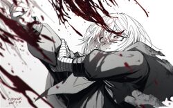  1boy altus_(centuria) artist_name bandaged_arm bandages blood blood_on_clothes blood_on_face blood_spray centuria_(manga) commentary_request ctqnue dated facial_mark finger_gun hand_on_own_arm horrified implied_murder long_eyelashes male_focus medium_hair partially_colored solo tunic 