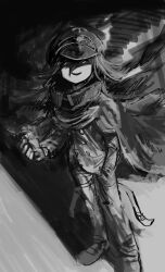  1boy black_cape bottle buttons cape commentary_request danganronpa_(series) danganronpa_v3:_killing_harmony evil_smile flipped_hair from_above greyscale hair_between_eyes hand_in_pocket hat highres holding holding_bottle long_sleeves looking_to_the_side male_focus military_hat monochrome narrowed_eyes oma_kokichi pants partially_shaded_face peaked_cap shadow short_hair sketch smile solo standing thigh_strap zfl7oxrrbe67879 