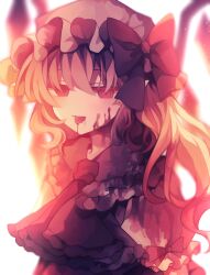  1girl absurdres ascot blonde_hair blood blood_on_clothes blood_on_face commentary crystal crystal_wings flandre_scarlet hat hat_ribbon highres mob_cap one_side_up open_mouth red_skirt red_vest ribbon skirt skirt_set solo tongue tongue_out touhou upper_body utsuro_(kz_hokuto) vest white_background white_hat wings 