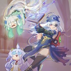  3girls ahoge black_gauntlets boots coke-bottle_glasses cosplay densetsu.exe dress eughfish eyepatch floating gauntlets general_geega ghost_girl glasses gradient_hair green_dress green_hair green_sleeves grey_hair hair_between_eyes hair_ornament hat henya_the_genius highres indie_virtual_youtuber lab_coat looking_up luigi's_mansion maid_headdress mint_fantome multicolored_hair multiple_girls open_mouth pointy_ears poltergust_5000 professor_elvin_gadd professor_elvin_gadd_(cosplay) purple_hair single_gauntlet sleeves_past_wrists super_mario_bros. tears thigh_boots thighs triangular_headpiece vacuum_cleaner virtual_youtuber vshojo white_hair x_hair_ornament 