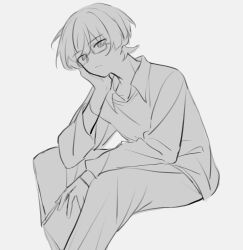  1boy absurdres alternate_costume anthemspices bespectacled blunt_ends book casual choppy_bangs closed_mouth collared_shirt contemporary expressionless genshin_impact glasses greyscale hand_on_own_face hand_up highres holding holding_book long_sleeves looking_at_viewer male_focus monochrome pants scaramouche_(genshin_impact) shirt sitting sketch solo white_background 