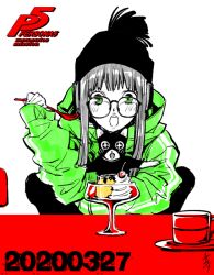  +_+ 1boy 1girl animal beanie black_hat blush cat chair copyright_name cup food glass green_eyes green_hoodie hat holding holding_animal holding_cat holding_spoon hood hoodie long_hair long_sleeves morgana_(cat)_(persona_5) morgana_(persona_5) mug numbered official_art on_chair open_mouth partially_colored persona persona_5 plate pudding red_mug saitou_rokuro sakura_futaba sidelocks signature simple_background spoon striped_clothes striped_hoodie table whipped_cream 