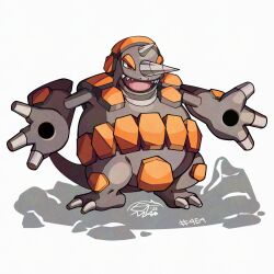  horns looking_at_viewer mistray-art numbered open_mouth pokemon pokemon_(creature) red_eyes rhyperior sharp_teeth signature simple_background solo tail teeth upper_teeth_only white_background 