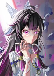  1girl absurdres bare_shoulders black_hair bow closed_mouth columbina_(genshin_impact) commentary_request dress eye_mask genshin_impact hair_ornament hair_ribbon hand_up head_wings highres long_hair mask multicolored_hair multiple_wings penngazuki purple_hair purple_streaks ribbon solo streaked_hair two-tone_hair violet_eyes white_bow white_dress white_wings wing_hair_ornament wings wrist_bow x-shaped_eyewear 