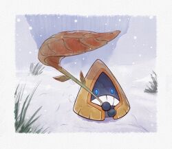 absurdres blue_eyes commentary_request full_body grass highres joangeloart leaf_umbrella outdoors pokemon pokemon_(creature) pokemon_focus snorunt snow snowing solo 