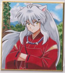  >:) 1boy animal_ears bead_necklace beads chikoto_(kztc4472) closed_mouth clouds cloudy_sky commentary crossed_arms day dog_boy dog_ears forest hair_between_eyes hands_in_opposite_sleeves highres inuyasha inuyasha_(character) japanese_clothes jewelry kimono leaf long_hair long_sidelocks long_sleeves looking_at_viewer male_focus mountainous_horizon nature necklace outdoors photo_(medium) picture_frame red_kimono sidelocks sky smile solo tooth_necklace traditional_media tree upper_body v-shaped_eyebrows white_hair wide_sleeves yellow_eyes 