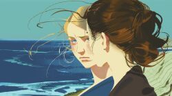  2girls blonde_hair brown_hair forehead-to-forehead heads_together highres multiple_girls ocean outdoors ponytail portrait_of_a_lady_on_fire scene_reference sophieli water 