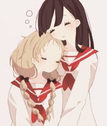  2girls artist_request bad_id bad_pixiv_id black_hair blonde_hair blush bow bowtie braid character_request closed_eyes closed_mouth collarbone copyright_request eyelashes hair_ribbon height_difference hug leaning_on_person long_hair long_sleeves messy_hair multiple_girls red_bow red_bowtie red_sailor_collar ribbon ribbon_braid sailor sailor_collar shirt sleeping sleeping_on_person sleeping_together sleeping_upright sleepy squeans standing twin_braids upper_body white_background white_shirt 