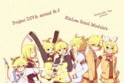 1boy 1girl :3 agi_(kankarado) angry arm_up bandaid blonde_hair blush book bow brother_and_sister closed_eyes clothes_around_waist english_text glasses green_eyes grin gun hair_bow hair_ornament hair_ribbon hairclip headphones holding holding_gun holding_weapon jacket jacket_around_waist kagamine_len kagamine_len_(school_jersey) kagamine_len_(school_outfit) kagamine_len_(student_council_officer) kagamine_len_(stylish_energy) kagamine_rin kagamine_rin_(school_oufit) kagamine_rin_(stylish_energy) kagamine_rin_(trad_school) looking_at_another multiple_persona official_alternate_costume polka_dot polka_dot_background ponytail project_diva_(series) project_diva_2nd project_diva_extend ribbon school_uniform short_hair siblings simple_background smile spiky_hair sweatdrop track_suit twins vocaloid weapon white_ribbon yellow_background 