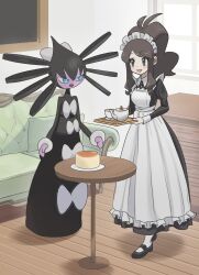  1girl :d alternate_costume apron asamaru1225 black_shoes brown_hair commentary_request couch cup cushion dress enmaided food gothitelle headdress highres hilda_(pokemon) holding holding_tray indoors long_sleeves maid open_mouth pokemon pokemon_(creature) pokemon_black_and_white shoes sidelocks smile socks table teacup teapot tray white_apron white_socks 