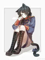 1girl absurdres animal_ears bang_dream! bang_dream!_it's_mygo!!!!! black_boots black_hair blue_jacket boots cat_ears cat_girl cat_tail closed_mouth commentary epaulettes green_eyes grey_skirt haobuguniao highres jacket kemonomimi_mode long_hair long_sleeves low_side_ponytail side_ponytail skirt solo tail untranslatable_commentary yahata_umiri 