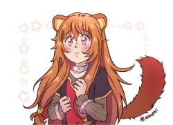  1girl :< animal_ear_fluff animal_ears artist_name black_dress blush brown_dress brown_hair closed_mouth collar commentary dress eleuphii english_commentary hair_between_eyes hair_tubes hands_up highres layered_dress long_hair long_sleeves looking_at_viewer messy_hair metal_collar metal_hair_tubes metal_wrist_cuffs pink_eyes raccoon_ears raccoon_girl raccoon_tail raphtalia red_dress short_sleeves solo star_(symbol) tail tate_no_yuusha_no_nariagari twitter_username two-tone_dress upper_body white_background yellow_trim 