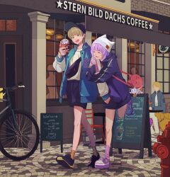  2boys 2girls absurdres alternate_costume arm_hug bag baseball_cap beanie bicycle black_bag black_hat black_shoes black_shorts blonde_hair blue_jacket building cafe casual chair charm_(object) chocolate_syrup closed_eyes commentary_request cup dark-skinned_male dark_skin disposable_coffee_cup disposable_cup door drink drinking_straw eyelashes fire_hydrant green_eyes hat highres hijikigohan1 holding holding_cup holding_drink huang_pao-lin jacket keith_goodman lara_tchaikoskaya menu_board multiple_boys multiple_girls nathan_seymour open_clothes open_jacket open_mouth pants pink_hair purple_hair purple_shoes purple_socks red_bag shirt shoes short_hair shorts sitting sleeves_past_fingers sleeves_past_wrists smile socks standing standing_on_one_leg table teeth tiger_&amp;_bunny upper_teeth_only very_short_hair walking whipped_cream white_hat white_pants white_shirt window yellow_socks 