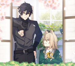  1boy 1girl animal_ear_fluff animal_ears arknights arm_rest black_hair black_shirt blonde_hair blurry blurry_background cherry_blossoms closed_eyes closed_mouth commentary_request demon_horns dog_ears dog_girl falling_petals flamebringer_(arknights) flower green_jacket greenhouse hair_between_eyes hand_on_own_hip highres horns jacket long_sleeves open_clothes open_jacket open_window orange_eyes petals plant podenco_(arknights) pointy_ears potted_plant ribbon shinatoku shirt short_hair single_horn smile spring_(season) twitter_username watermark white_petals white_shirt window yellow_flower yellow_ribbon 