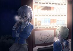  2girls ^_^ absurdres arm_under_breasts backlighting blonde_hair blue_jacket breasts breath can canned_coffee character_print closed_eyes commentary_request cowboy_shot drink_can energy_drink glasses green_eyes grey_hair hair_between_eyes hair_ornament hair_over_one_eye hairclip heaven_burns_red highres holding holding_can izumi_yuki jacket kayamori_ruka key_coffee_(meme) large_breasts long_bangs long_hair long_sleeves meme miniskirt multiple_girls narby_(heaven_burns_red) necktie night one_eye_covered open_clothes open_jacket open_mouth outdoors parallel_hairclips parted_lips plaid_clothes plaid_skirt pleated_skirt red_necktie round_eyewear short_hair siromochino skirt sky smile upper_body vending_machine 